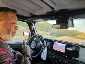 Rap Master Ricky in his rental Jeep on St. Croix