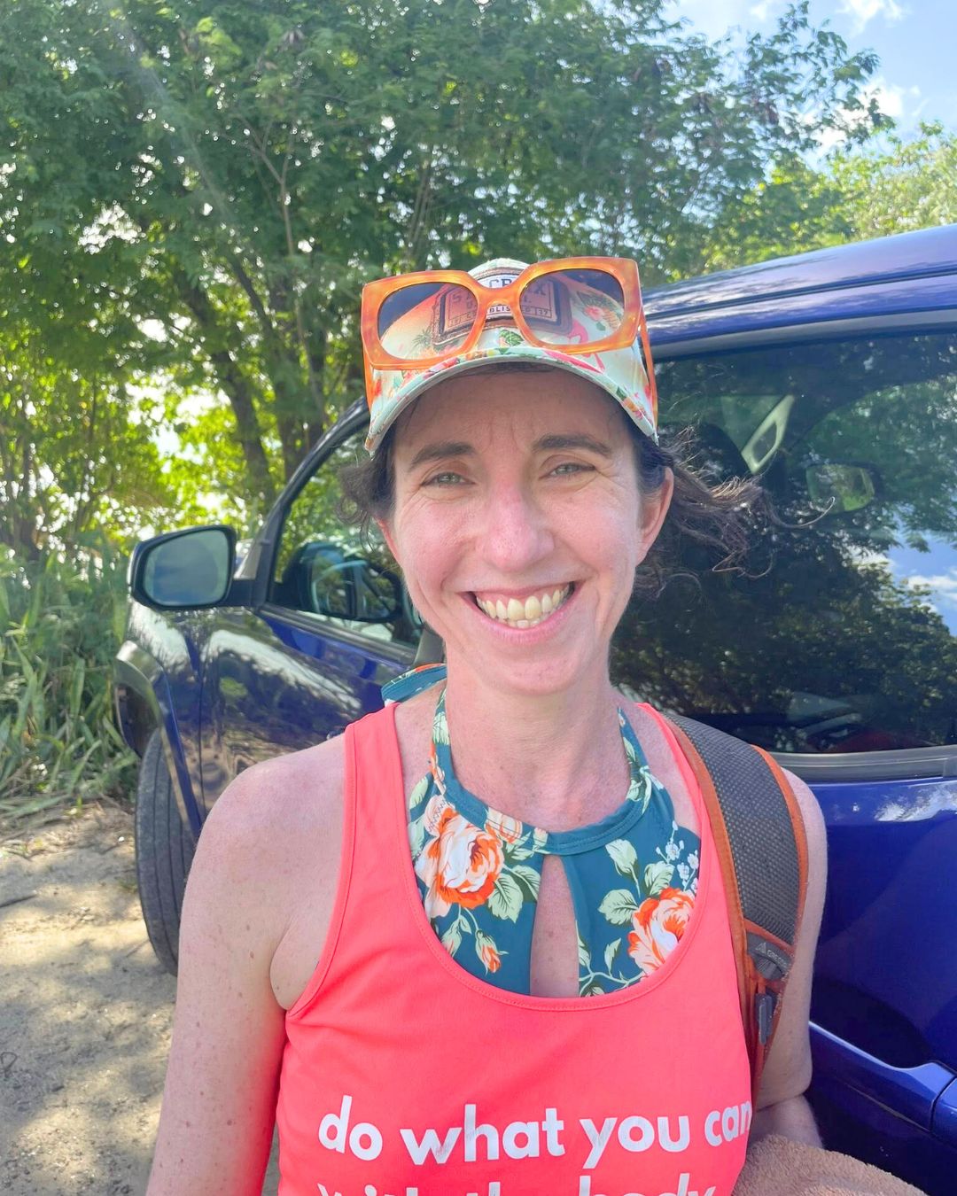 yoga retreat leader with her rental truck