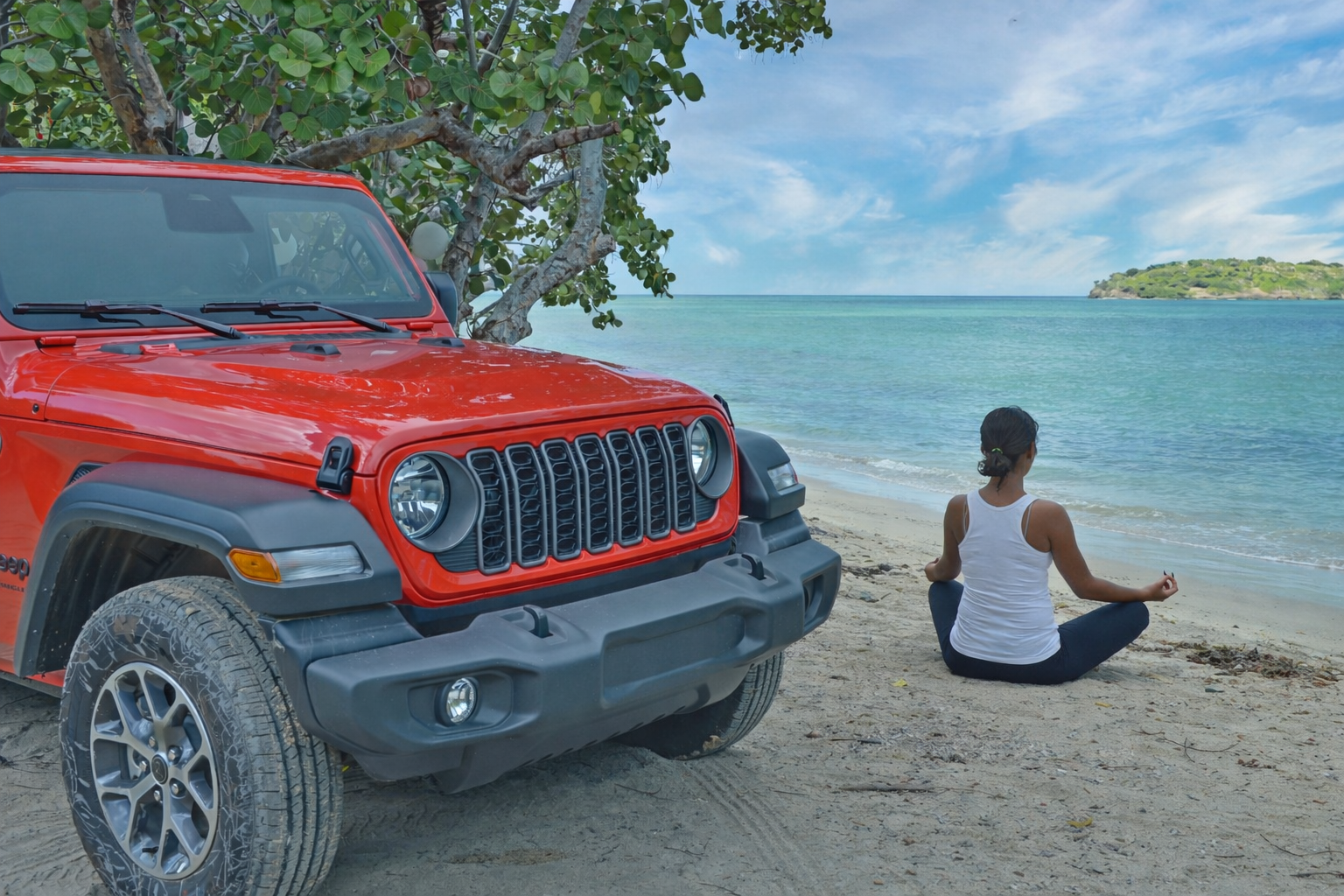 Rental Jeep at the beach during a St. Croix Yoga Retreat